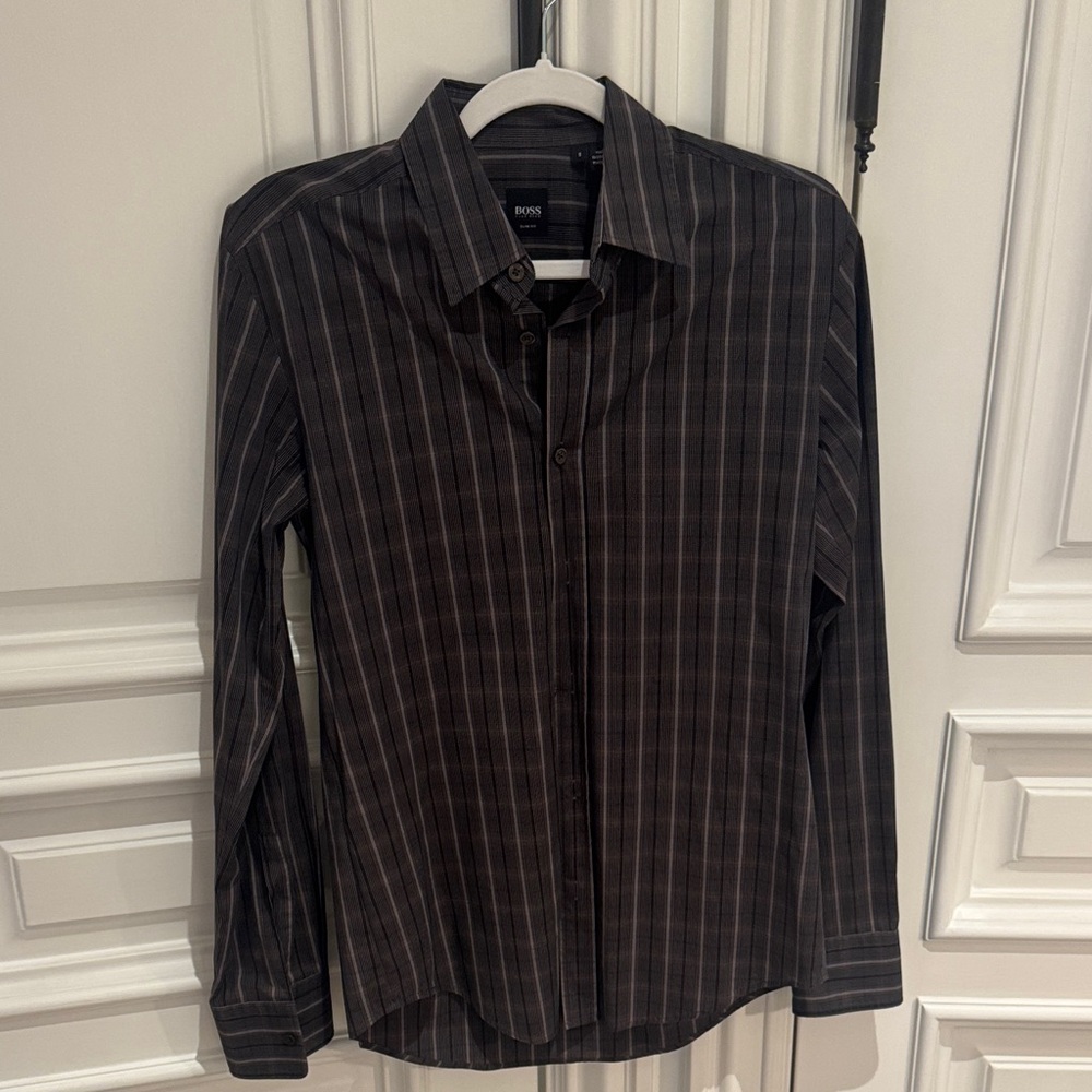 Boss Men's Dark Striped Button Down Shirt